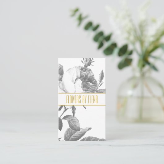 Elegante zwart-witte rozenbloemen chic goud visitekaartje (Staand voorkant)