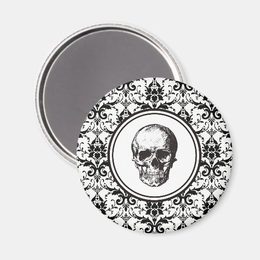 Elegante zwart-witte schedel damast magneet (Voorkant / Achterkant)