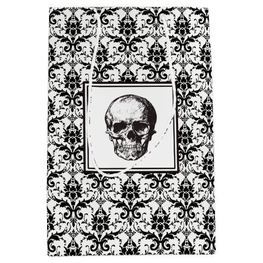 Elegante zwart-witte schedel damast medium cadeauzakje (Voorkant)