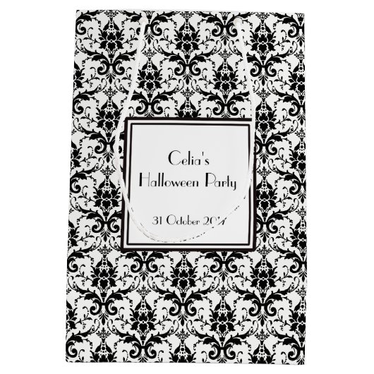 Elegante zwart-witte schedel damast medium cadeauzakje (Achterkant)