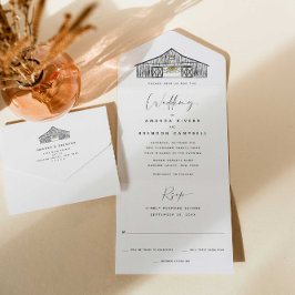 Elegante zwart-witte schuur bruiloft all in one uitnodiging