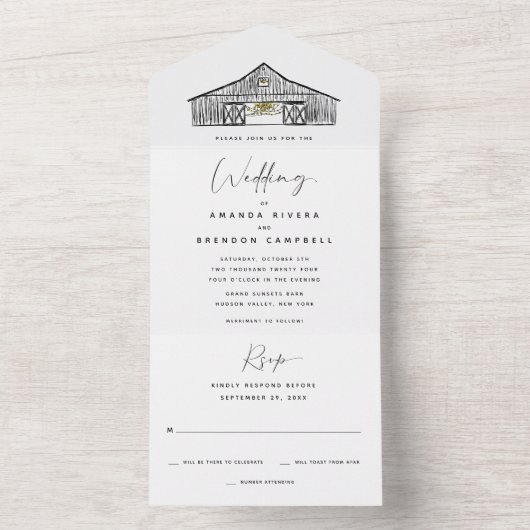 Elegante zwart-witte schuur bruiloft all in one uitnodiging (Binnen)