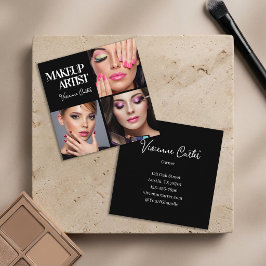 Elegante Zwart Witte Script 3 Foto Make-up Vierkante Visitekaartje