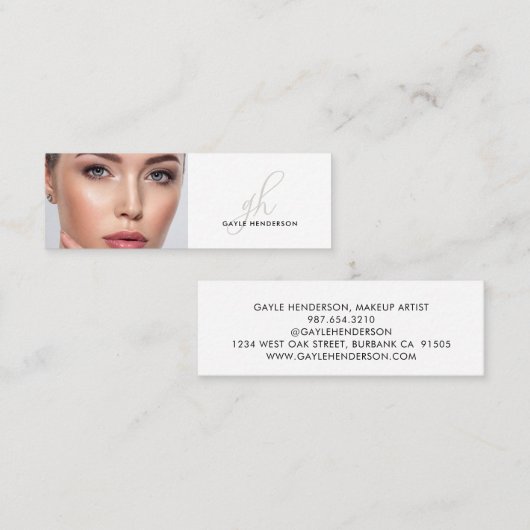Elegante Zwart Witte Script Foto Make-up Artiest Mini Visitekaartje (Voorkant / Achterkant)
