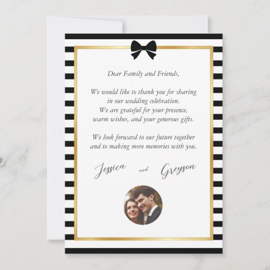 Elegante zwart witte streep gouden Lijst bruiloft Bedankkaart (Voorkant)