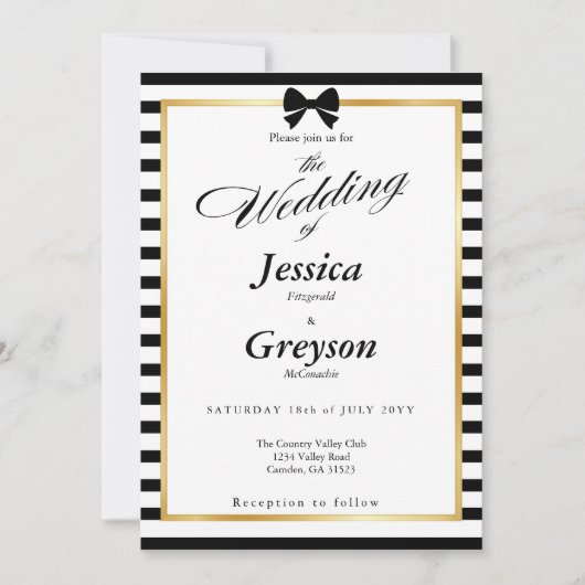Elegante zwart witte streep gouden Lijst bruiloft Kaart (Voorkant)