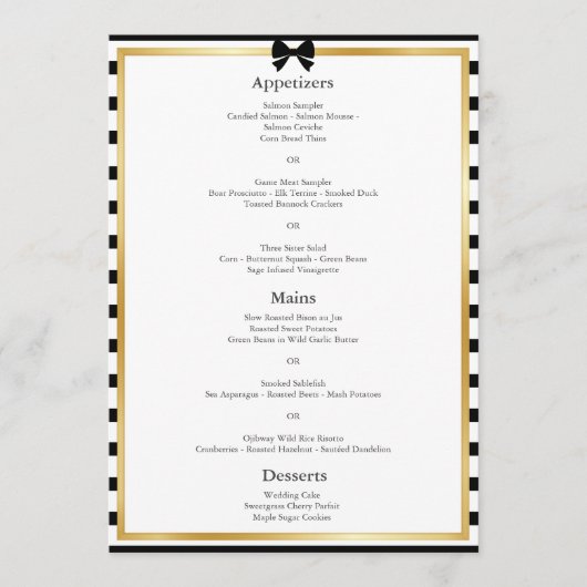 Elegante zwart witte streep gouden Lijst bruiloft Menu (Voorkant)