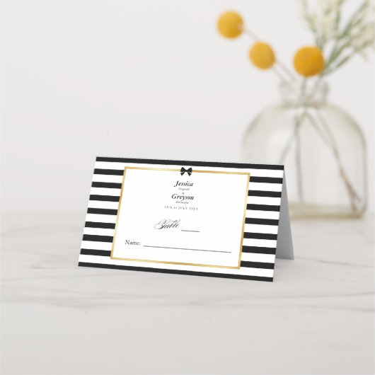 Elegante zwart witte streep gouden Lijst bruiloft Plaatskaartje (Voorkant)