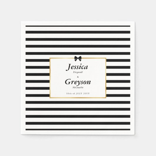 Elegante zwart witte streep gouden Lijst bruiloft Servet (Voorkant)