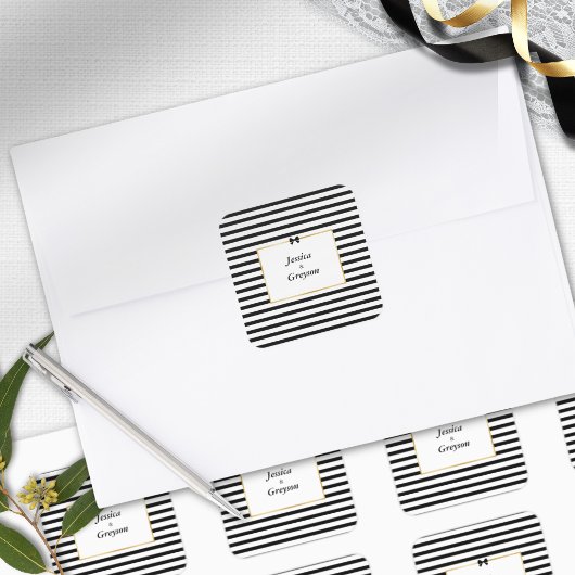 Elegante zwart witte streep gouden Lijst bruiloft Vierkante Sticker