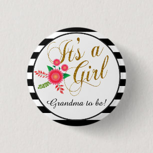 Elegante Zwart-witte Strepen met Roze Bloemen Ronde Button 3,2 Cm