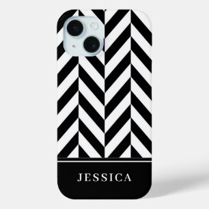 Elegante zwart-witte strepen patroonnaam iPhone 15 case