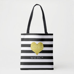 Elegante zwart-witte strepen patroonnaam tote bag