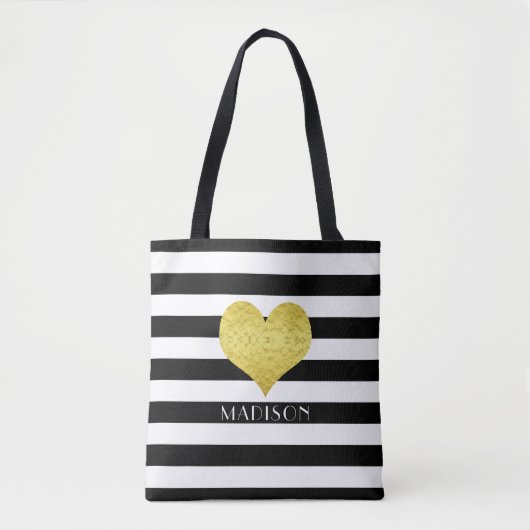 Elegante zwart-witte strepen patroonnaam tote bag (Voorkant)