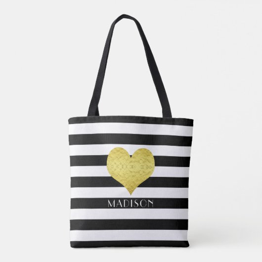 Elegante zwart-witte strepen patroonnaam tote bag (Achterkant)