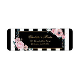 Elegante Zwart Witte Strepen Roze Bloemen Labels