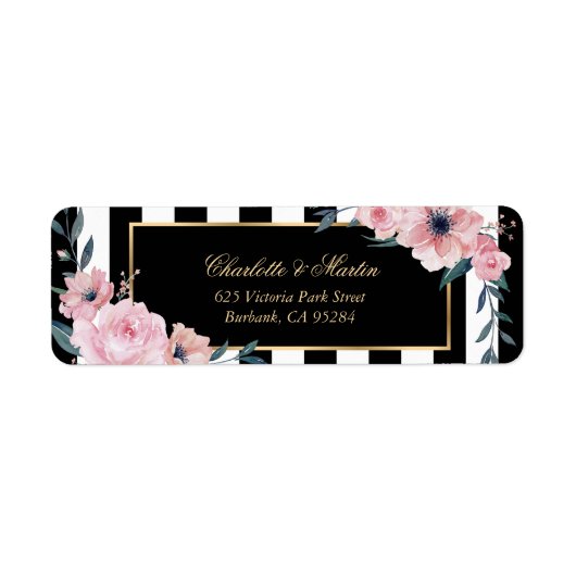 Elegante Zwart Witte Strepen Roze Bloemen Labels (Voorkant)
