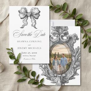 Elegante zwart-witte toile Franse landhuis foto Save The Date