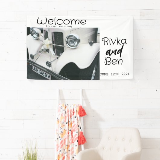 Elegante zwart-witte trouwauto spandoek (Insitu)