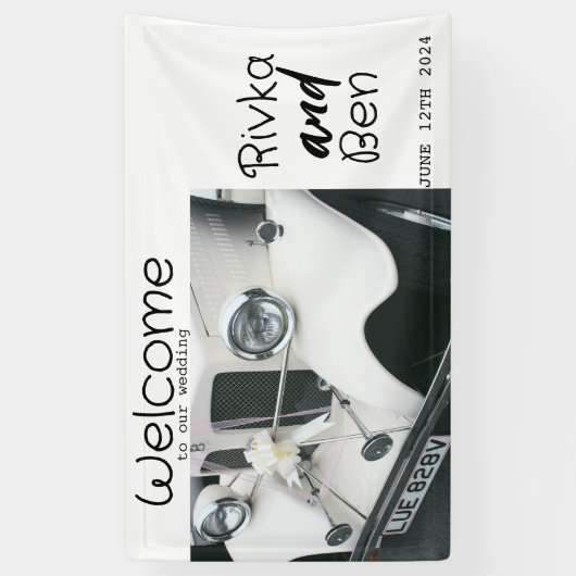 Elegante zwart-witte trouwauto spandoek (Verticaal)