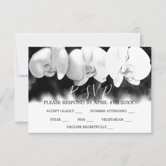 Elegante zwart witte waterverf orchideeën RSVP (Voorkant)