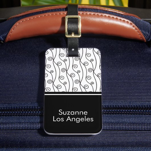 Elegante zwart-witte wervelingen met naam bagagelabel (Voorkant Insitu 2)