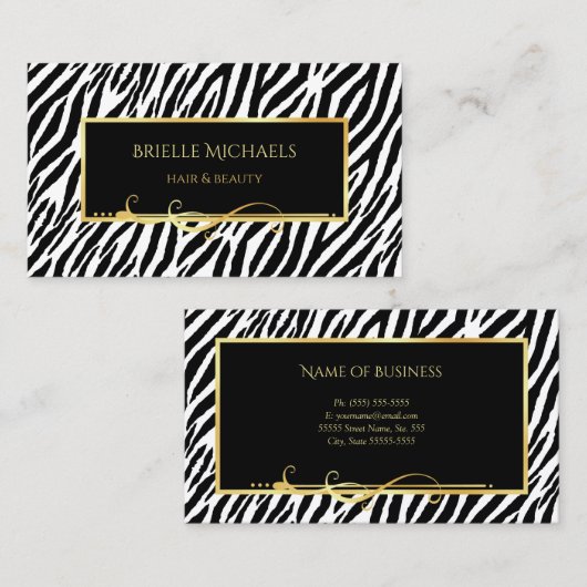 Elegante zwart-witte zebra print gouden salon visitekaartje (Voorkant / Achterkant)