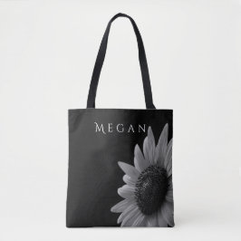 Elegante zwart-witte zonnebloem Custom Jouw naam Tote Bag