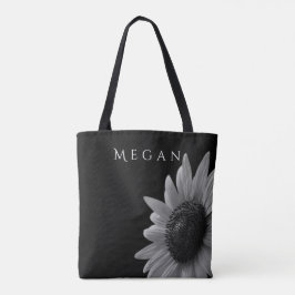 Elegante zwart-witte zonnebloem Custom Jouw naam Tote Bag