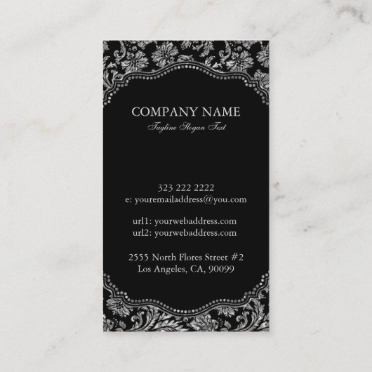 Elegante zwart & zilver  bloemdamast visitekaartje (Achterkant)