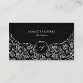 Elegante zwart & zilver  bloemdamast visitekaartje (Voorkant)
