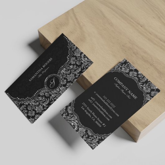 Elegante zwart & zilver  bloemdamast visitekaartje