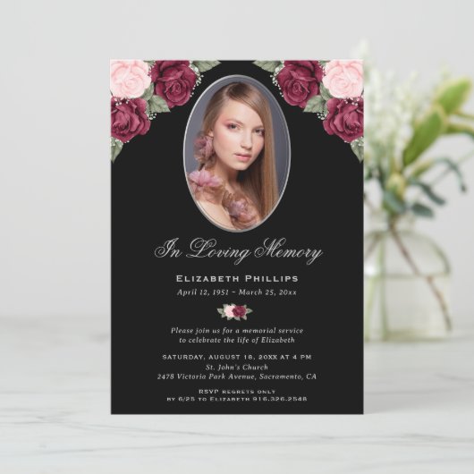 Elegante zwart zilveren bloemige foto herdenkingsd kaart (Staand voorkant)