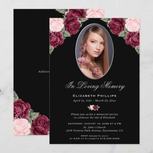 Elegante zwart zilveren bloemige foto herdenkingsd kaart (Voorkant / Achterkant)