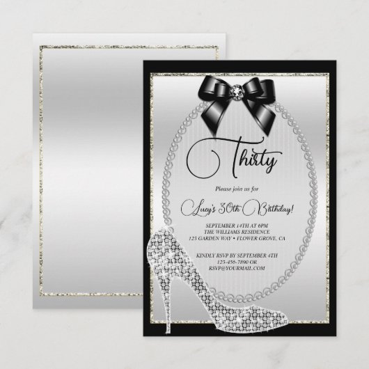 Elegante Zwart Zilveren Juweel Bow & Stiletto Verj Kaart (Voorkant / Achterkant)