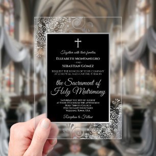 Elegante zwart & zilveren sierlijke katholieke bru acryl uitnodigingen