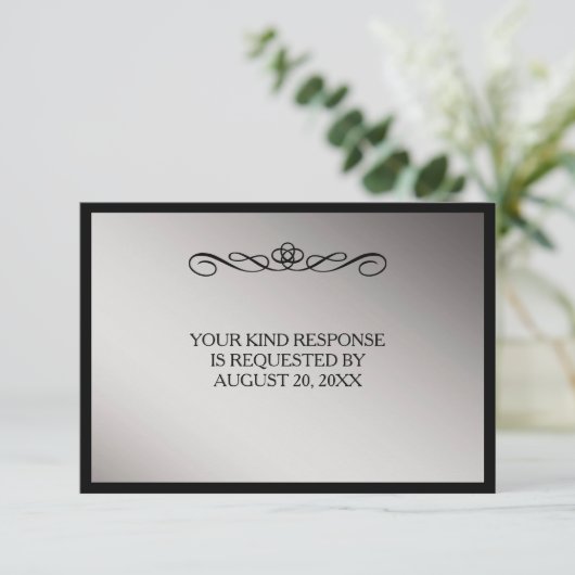 Elegante Zwart Zilveren Swirl Wedding RSVP (Staand voorkant)