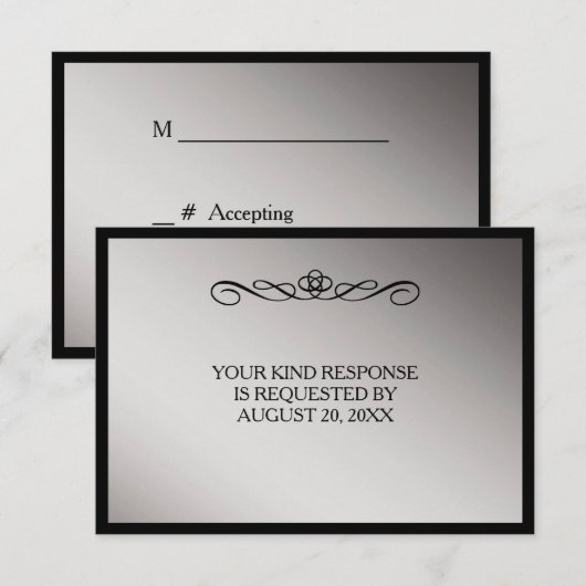 Elegante Zwart Zilveren Swirl Wedding RSVP (Voorkant / Achterkant)