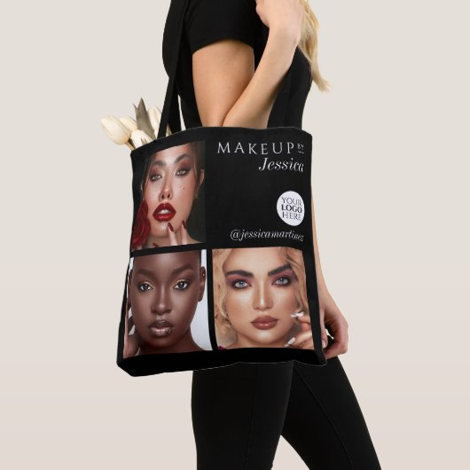 Elegante Zwarte 3 Foto Logo Make-up Studio Tote Bag (Dichtbij)