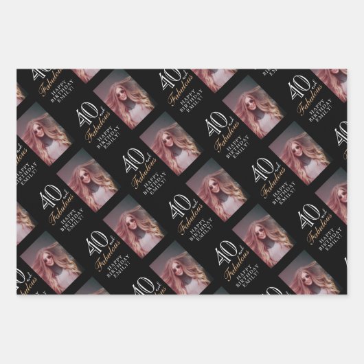 Elegante zwarte 40 en fantastische 40e verjaardag  inpakpapier vel (Voorkant)