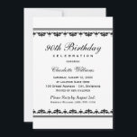 Elegante zwarte 90ste verjaardag feest kaart<br><div class="desc">Elegante en chique mijlpaal verjaardagsfeestje uitnodiging beschikt over een script kop met aangepaste tekst en damast / gestreepte rand detail. Vierkant ontwerp. Klassiek zwart-wit kleurenschema.</div>