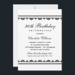 Elegante zwarte 90ste verjaardag feest kaart<br><div class="desc">Elegante en chique mijlpaal verjaardagsfeestje uitnodiging beschikt over een script kop met aangepaste tekst en damast / gestreepte rand detail. Vierkant ontwerp. Klassiek zwart-wit kleurenschema.</div>
