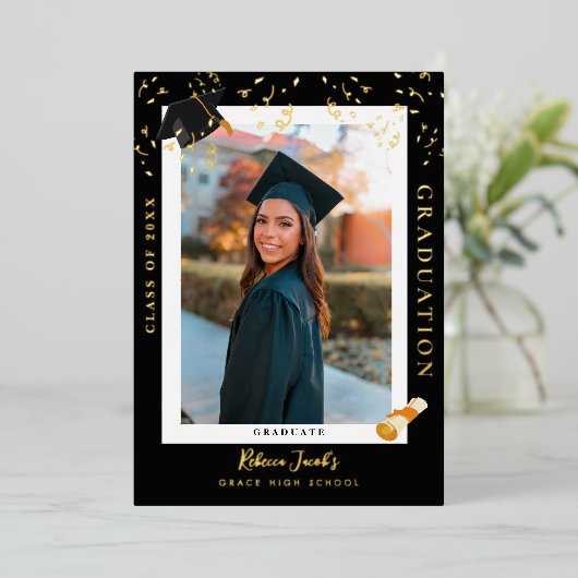 Elegante zwarte aankondigingskaart voor eindexamen folie uitnodiging (Staand Voorkant)