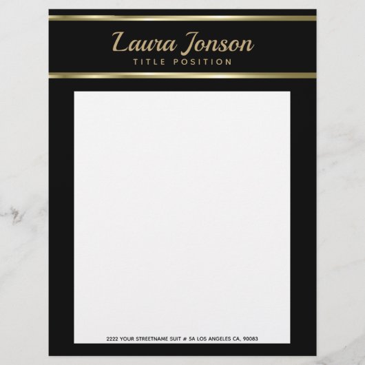 Elegante zwarte achtergrond en gouden strepen custom briefhoofd (Voorkant)