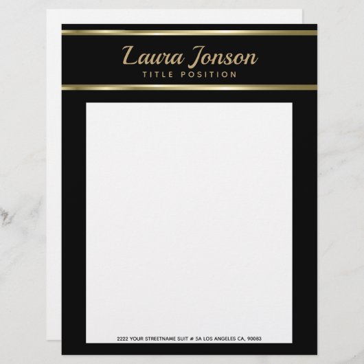 Elegante zwarte achtergrond en gouden strepen custom briefhoofd (Voorkant / Achterkant)