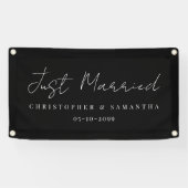 Elegante zwarte achtergrond Just Married trouwauto Spandoek (Horizontaal)