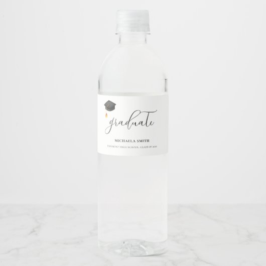 Elegante zwarte afstuderen Cap Script High School Waterfles Etiket (Voorkant)