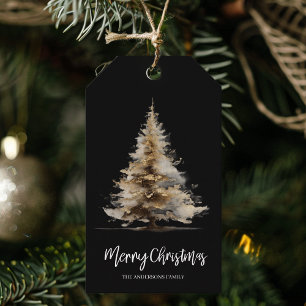 Elegante Zwarte Aquarel Kerstboom Cadeaulabel