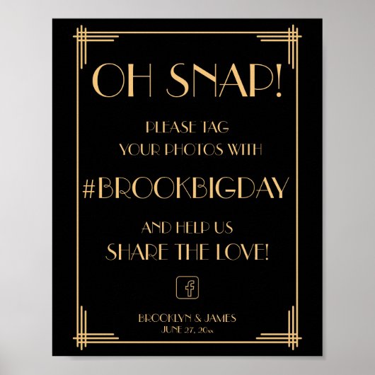 Elegante zwarte Art Deco Gatsby Hashtag bord Poster (Voorkant)