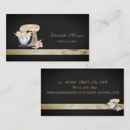 Elegante zwarte bakkerij mixer bloemen visitekaartje (Voorkant / Achterkant)